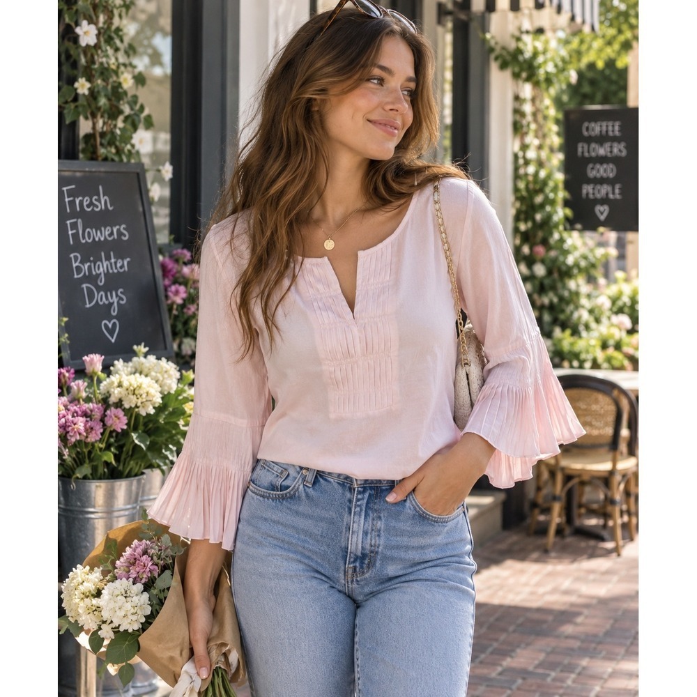 Zac & Rachel Blouse Top Pink Blush Sz LP Pleated Sleeves Elegant Dressy Formal